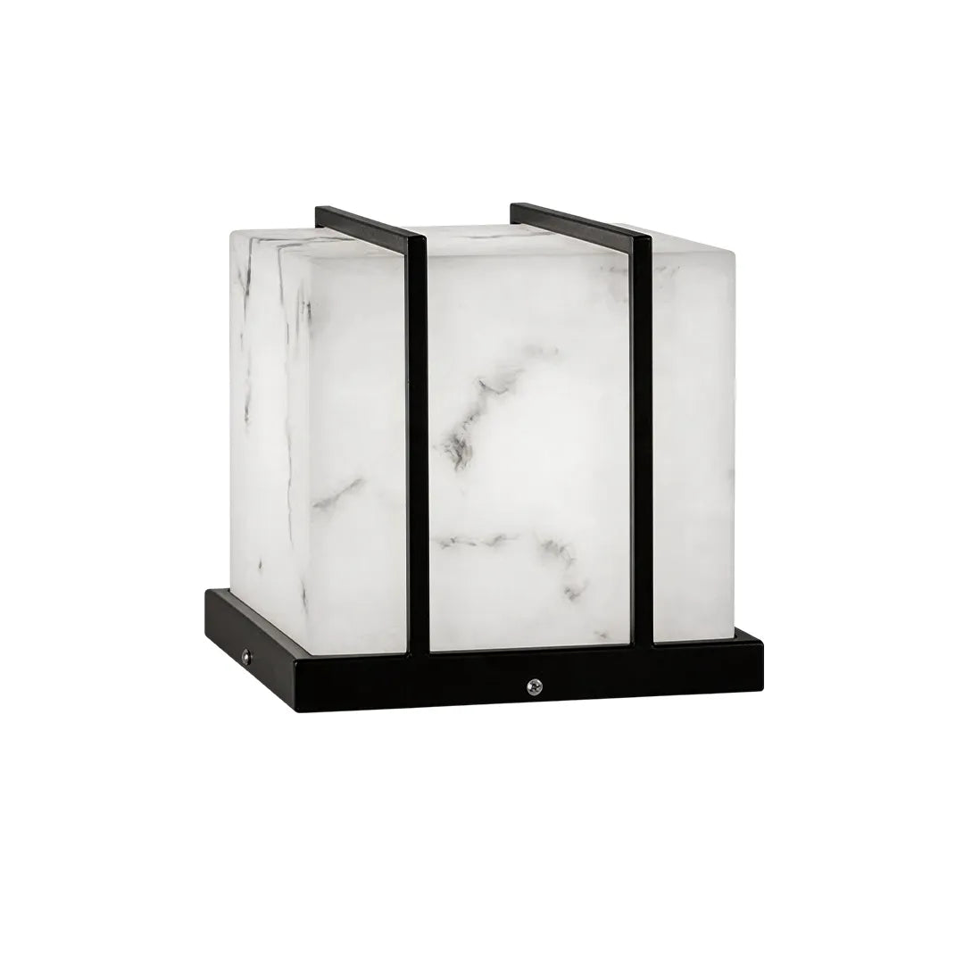 Square outdoor pillar light with white marble effect shade and black frame