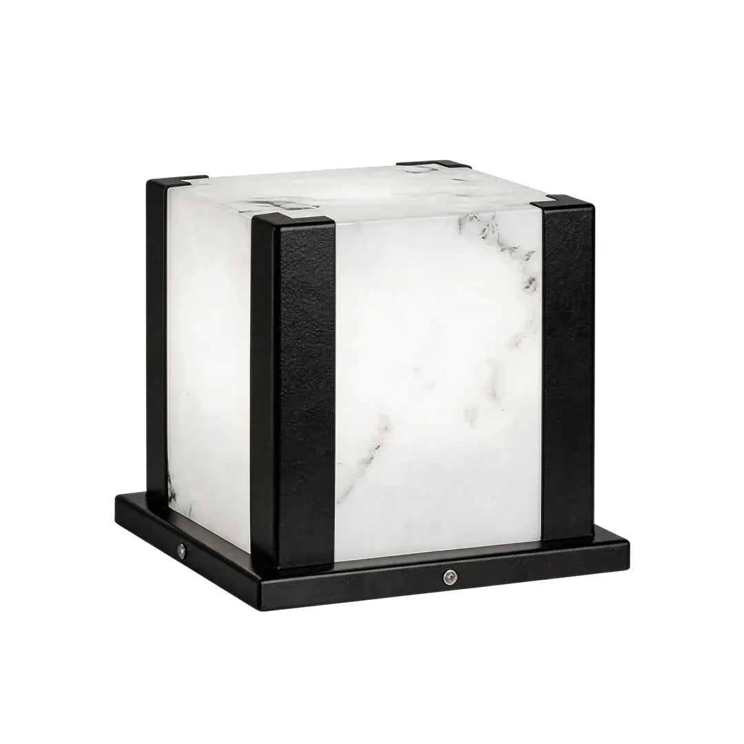Square outdoor pillar light with white marble effect shade and black metal frame