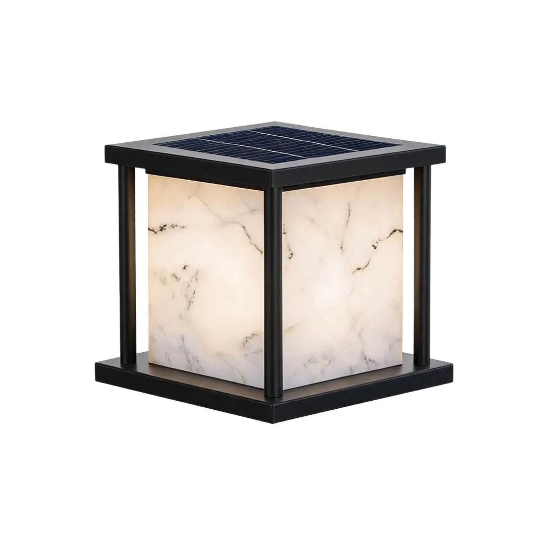 Outdoor pillar solar lights featuring a square solar top and warm glowing faux marble panels.