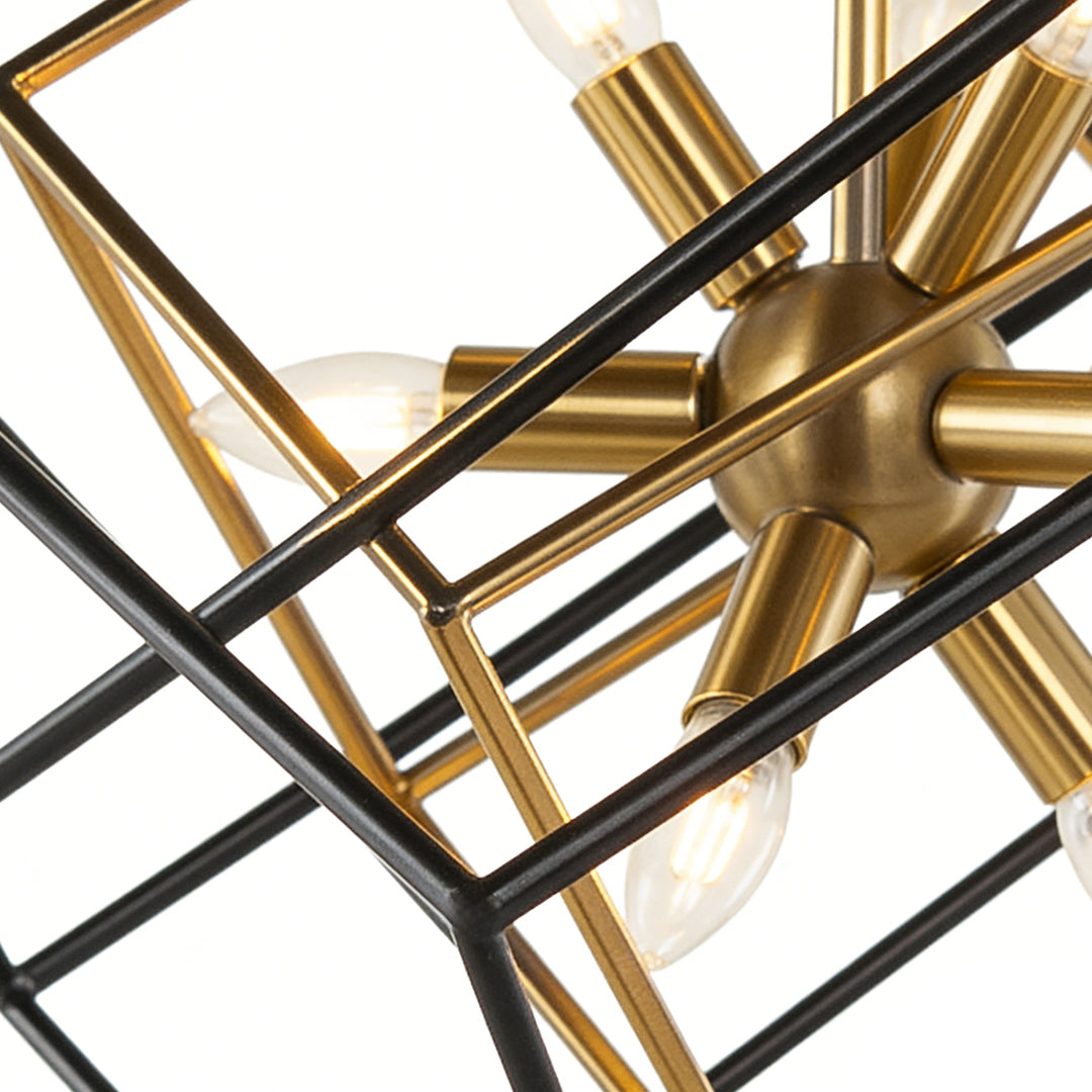 Close up of a modern square pendant lights design featuring black and gold metal rods with exposed bulbs in a geometric frame.