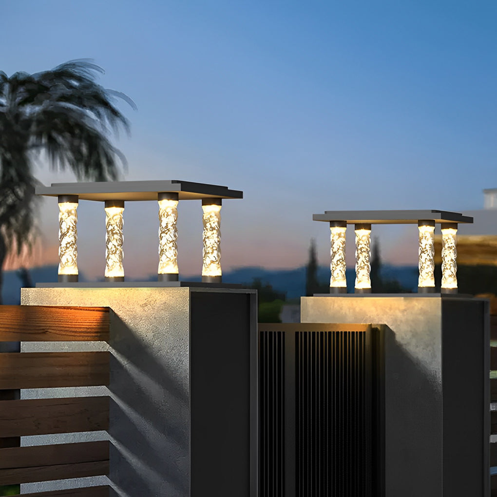 Square pillar lamp with a close-up of its crystal columns and glowing light.