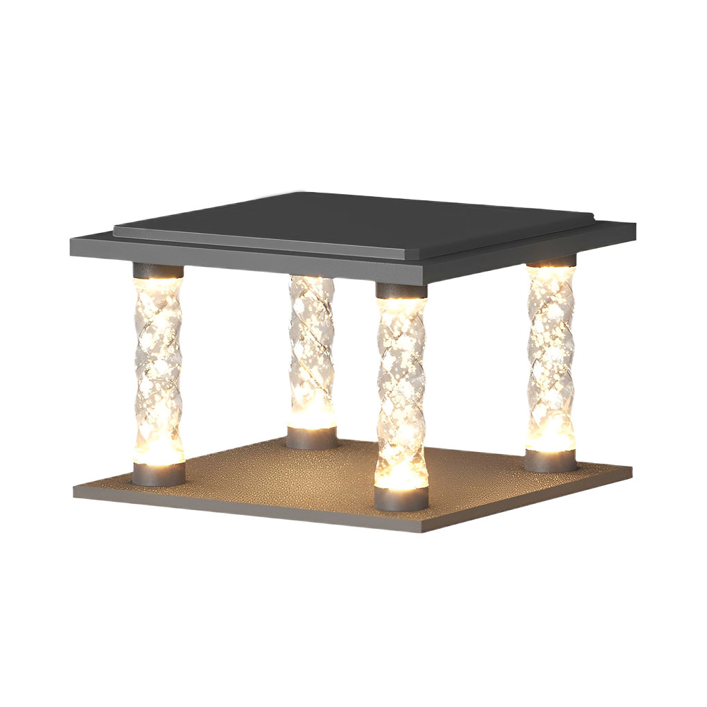Square pillar lamp with a close-up of its solar panel and crystal structure.