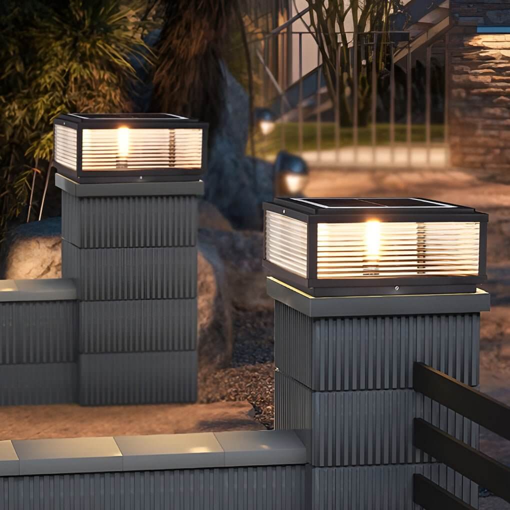 Square pillar light ribbed glass outdoor metal light offers sleek, contemporary lighting for pathways, gardens, and exterior spaces.