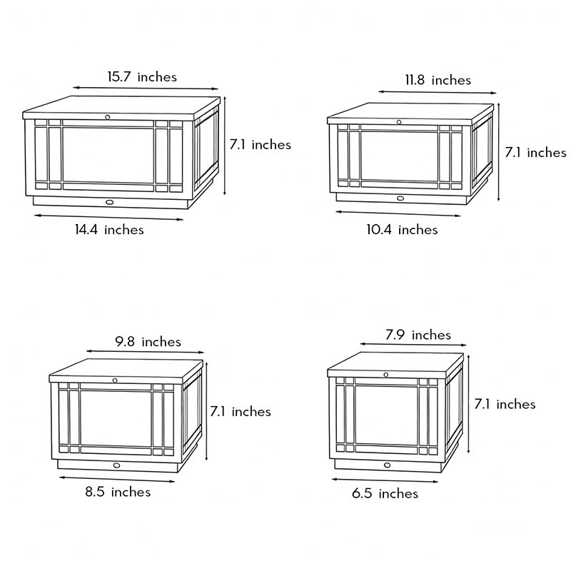 Square pillar light dimension diagram illustrating size measurements and installation proportions for outdoor pillar use.