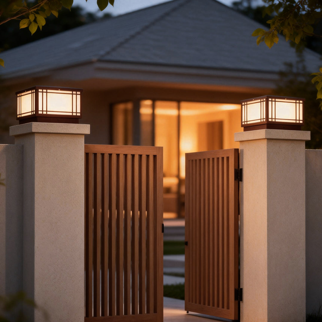Square pillar light installed on gate columns, creating a welcoming and symmetrical glow for a contemporary residential entrance.