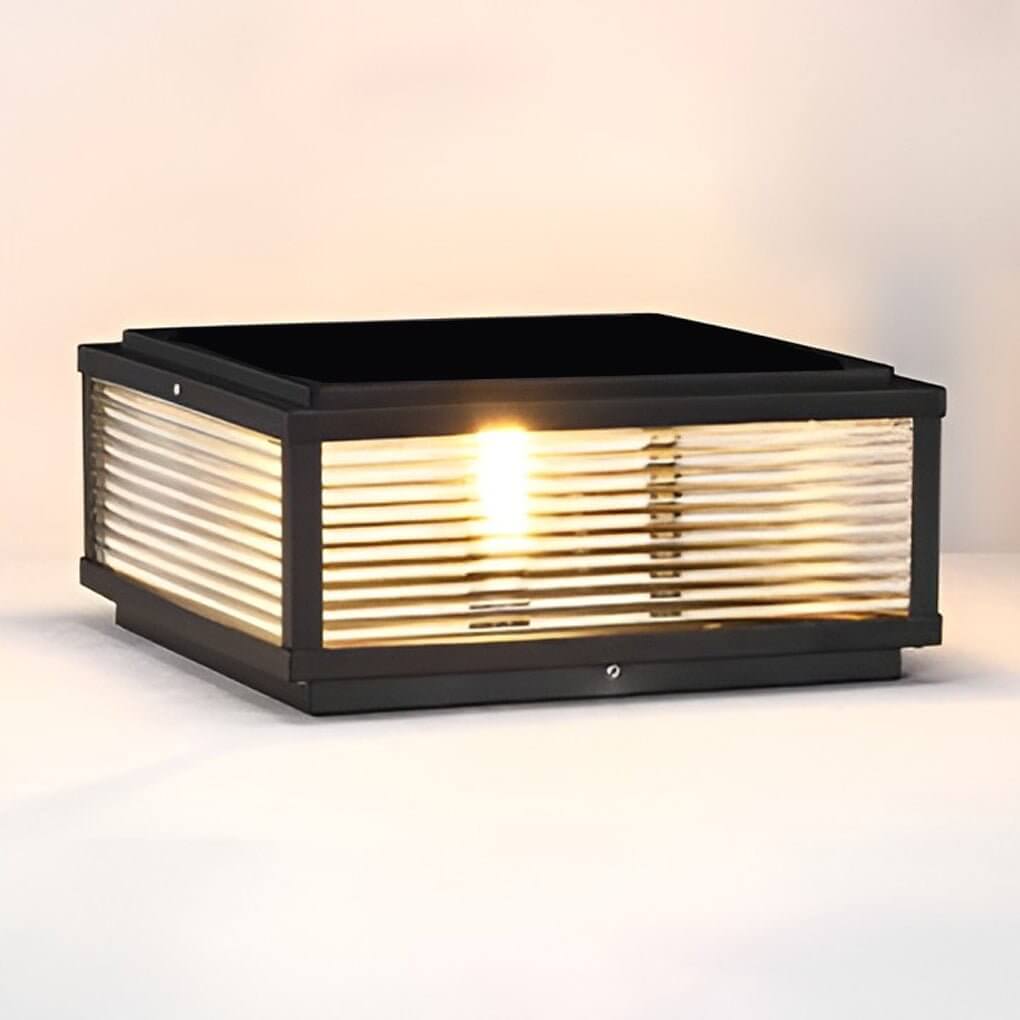 Square pillar light ribbed glass outdoor metal light provides waterproof, weather-resistant lighting for residential and commercial landscapes.