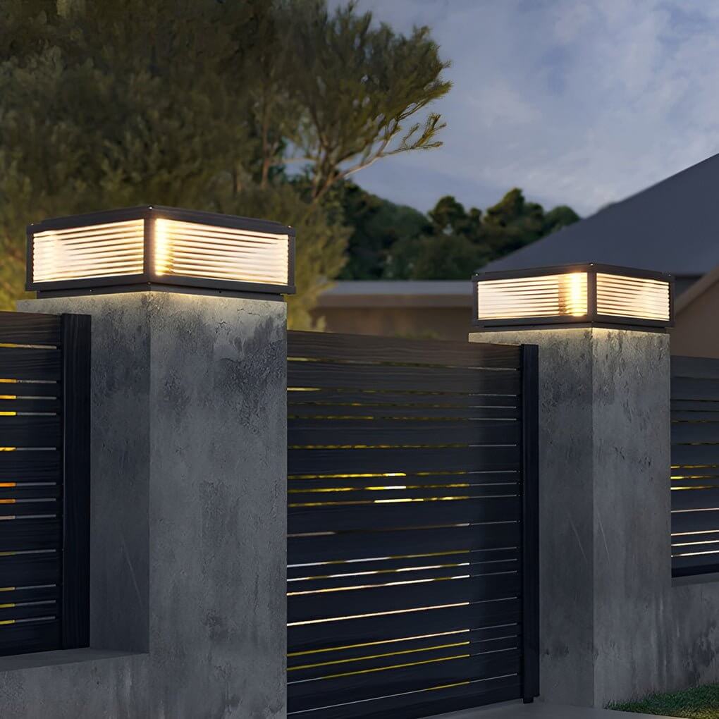 Square pillar light ribbed glass outdoor metal light enhances safety and ambiance with modern energy-efficient lighting design.