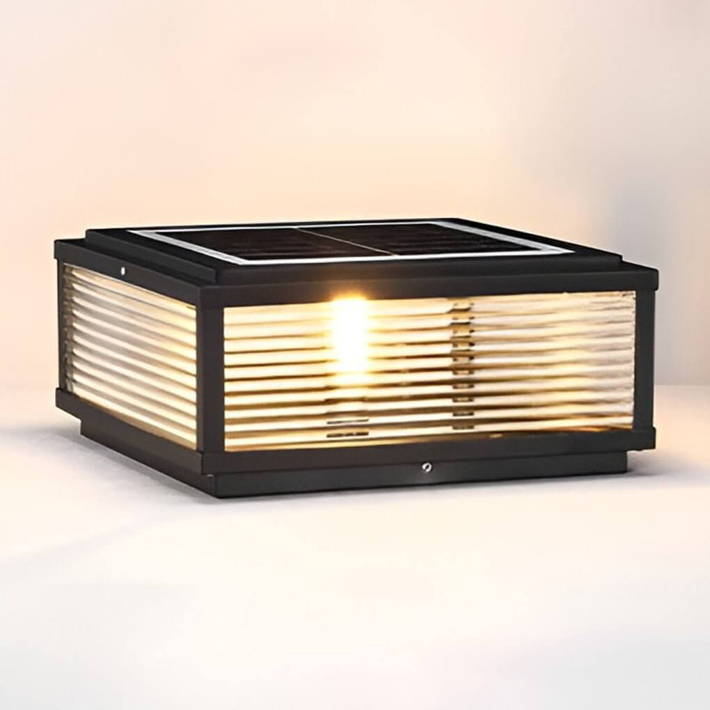 Square pillar light ribbed glass outdoor metal light highlights pathways, yards, and gardens with elegant ribbed glass diffusion.