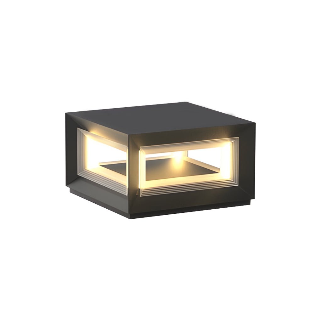 Product showcase of square pillar lights with black housing and soft LED lighting, designed for modern outdoor pillars.