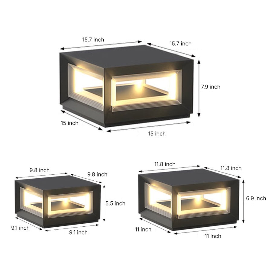 Dimension diagram of square pillar lights showing measurements and proportions for outdoor pillar and wall installations.