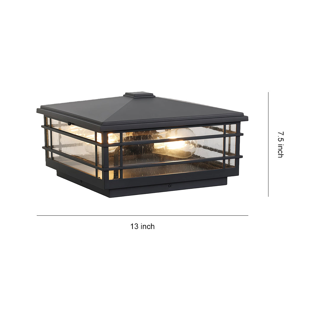 Square pillar lights outdoor fixture with black metal frame and horizontal slat design for posts