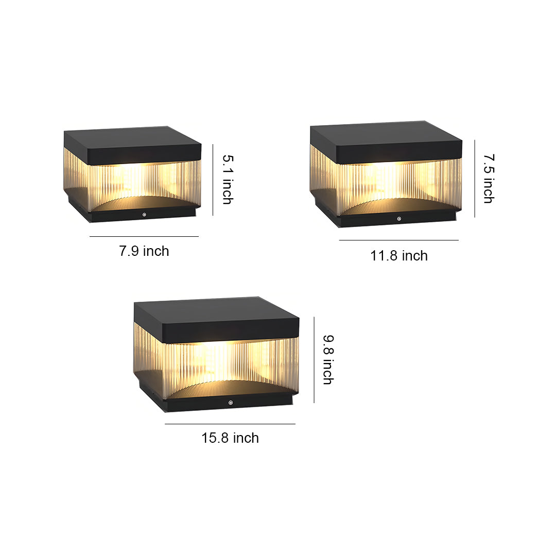 Size specification diagram showing three views of square pillar lights with measurements and dimensions