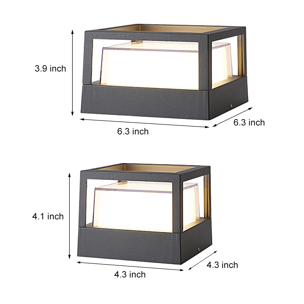 Square pillar lights with dimensions 8.3x6.3x3.5 inches and 6.3x4.7x2.2 inches, showcasing a sleek, modern design for outdoor spaces.