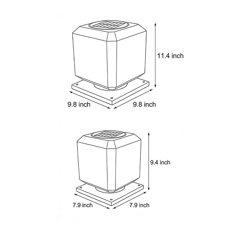 Technical diagram showing dimensions and structure of square pillar lights models.