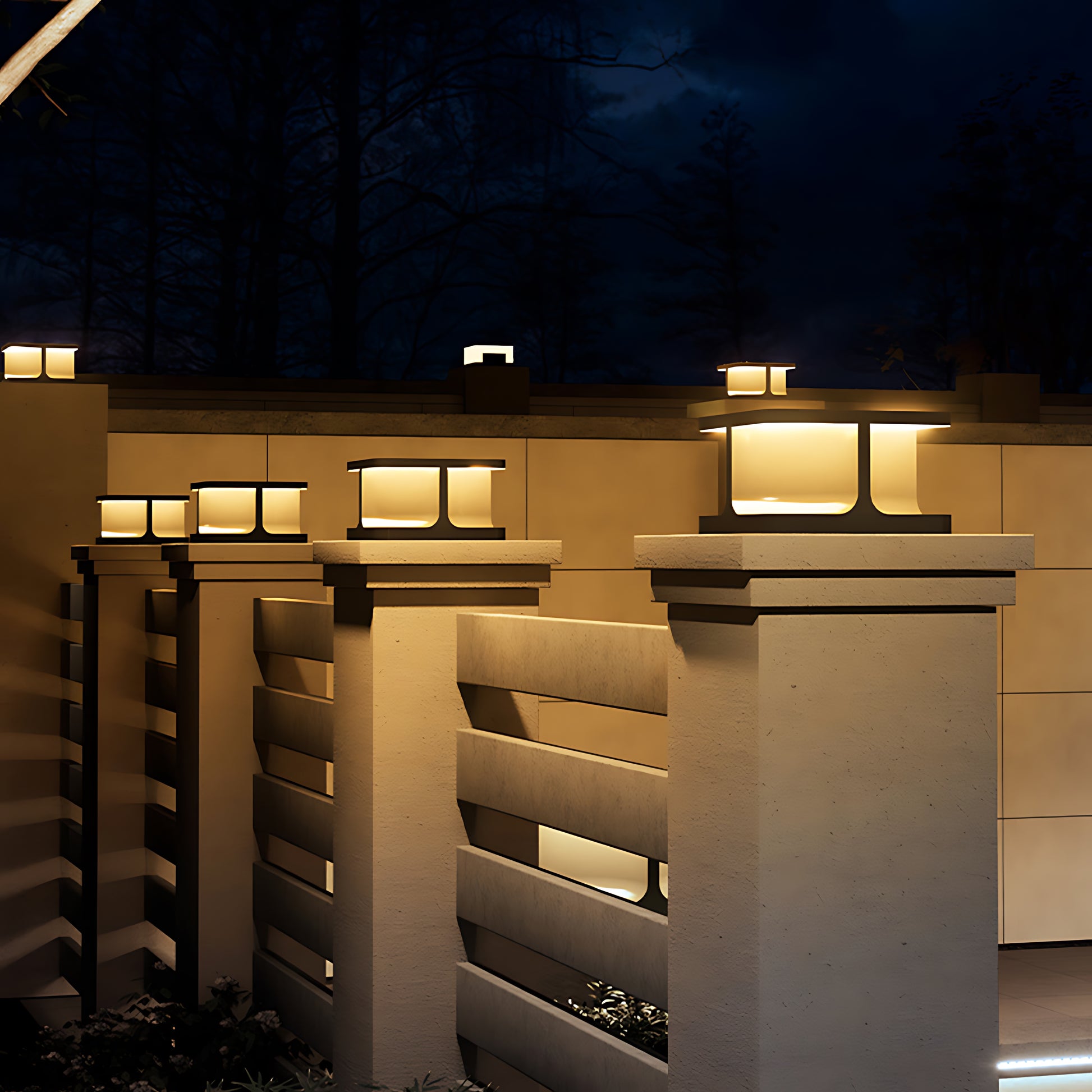Square pillar rechargeable table lamps creating stunning nighttime illumination for modern building steps