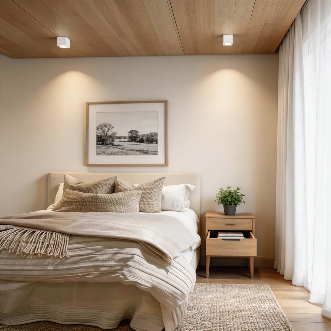 Square recessed downlight enhancing a cozy bedroom with warm light.