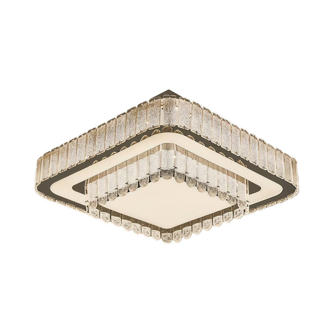 Square-shaped modern flush mount light fixtures featuring glass shade chandelier aesthetic with geometric crystal frame.