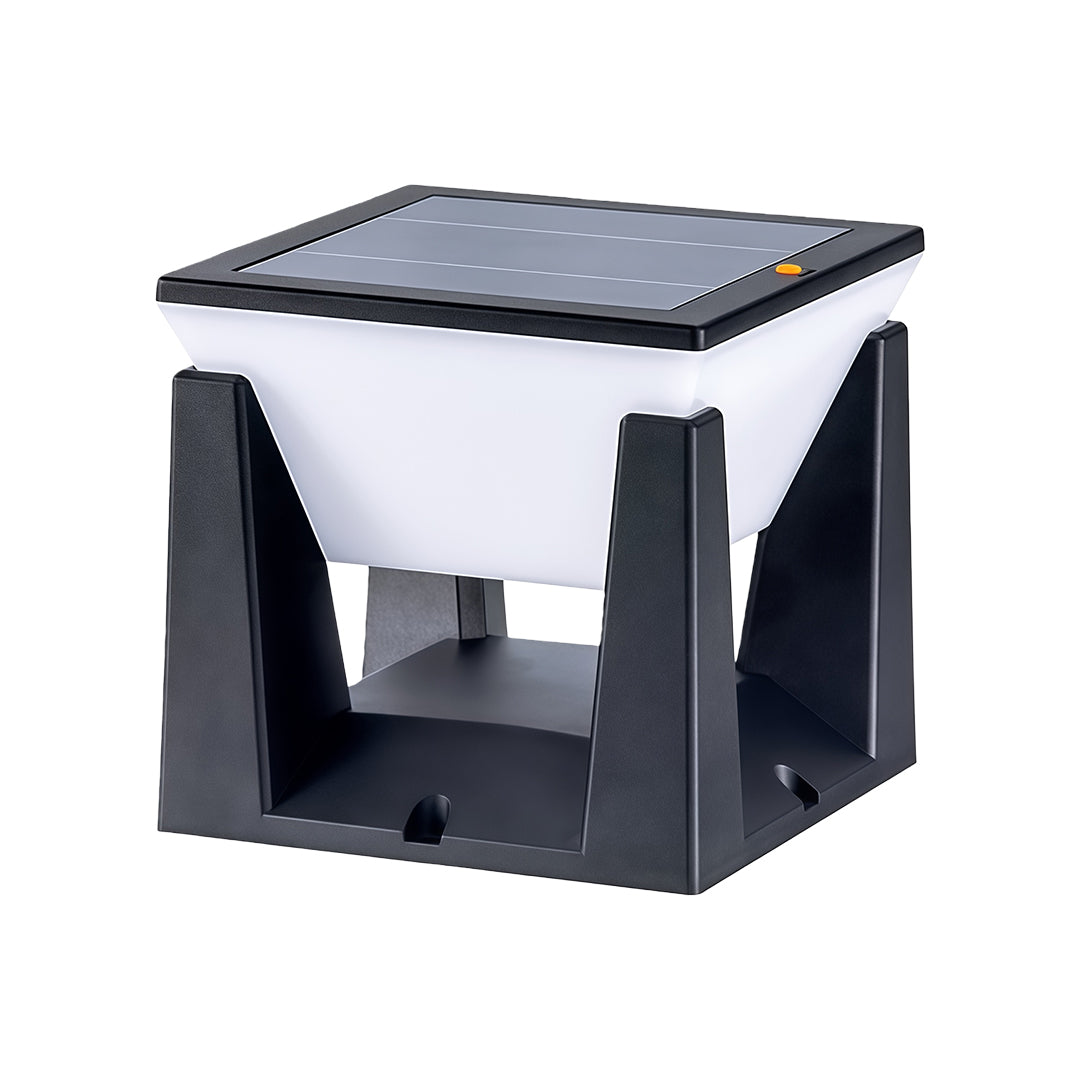 Product image of a square solar bollard light with a black frame and top-mounted solar panel.