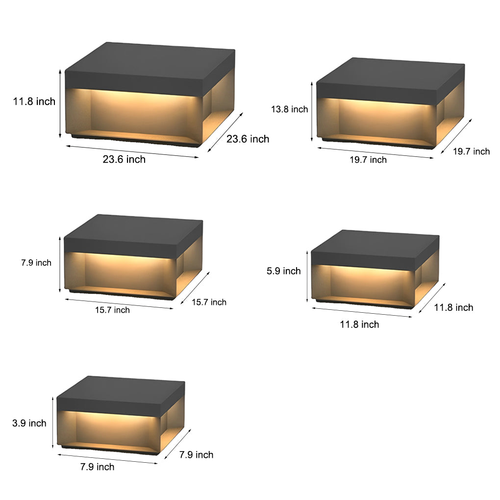 Size comparison diagram of square solar deck lights showing multiple dimension options.