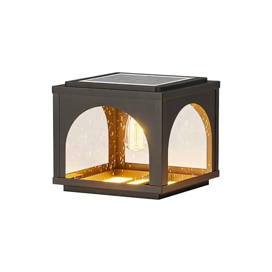 Solar outdoor pillar lights showcasing a square lantern design with warm LED illumination.