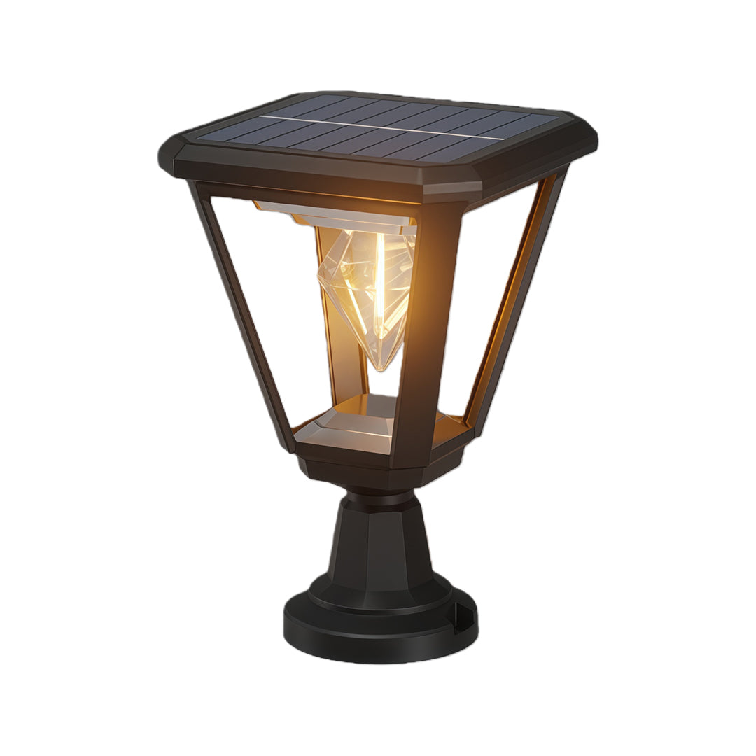 Vintage square lantern-design led post cap lights featuring warm amber glow and decorative open metalwork.