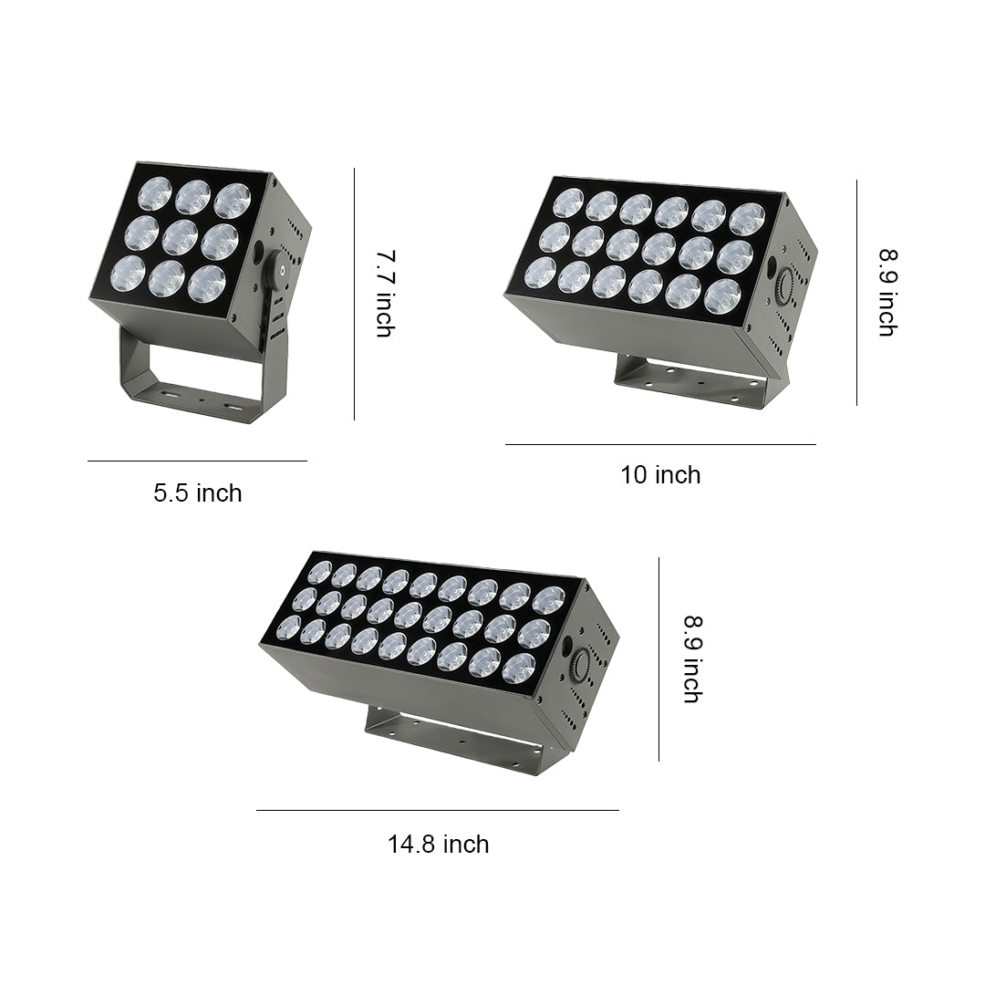 Square outdoor wall wash light with multiple LED lenses in black aluminum housing.