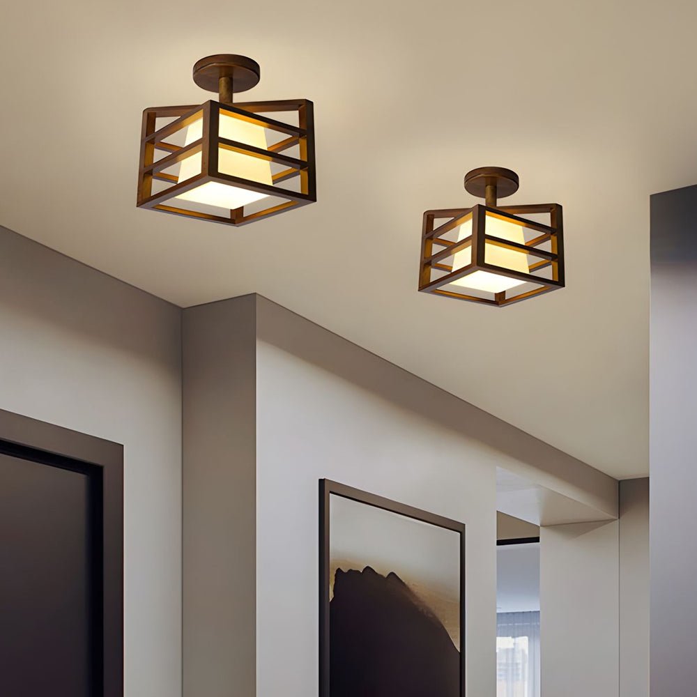 Square Walnut Wooden Frame 1 - Light Semi - Flush Mount Ceiling Light