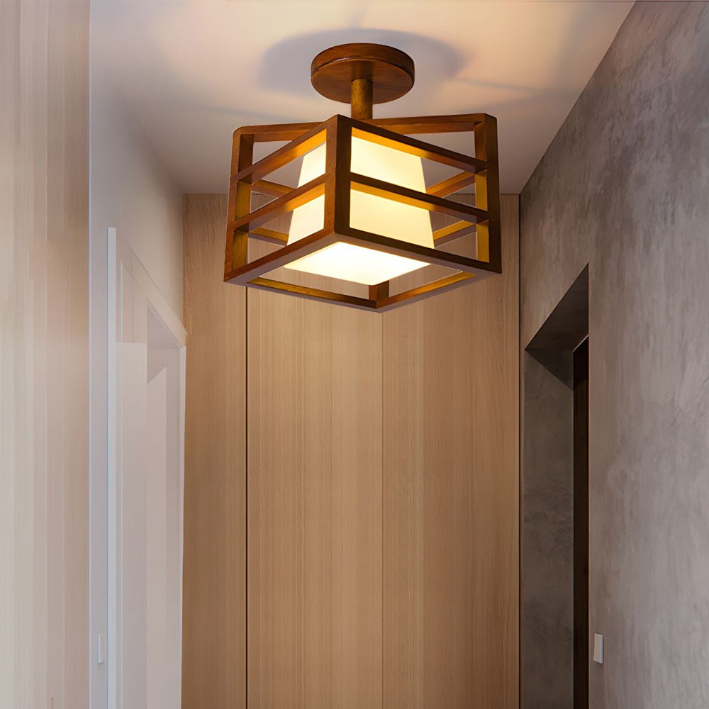 Square Walnut Wooden Frame 1 - Light Semi - Flush Mount Ceiling Light