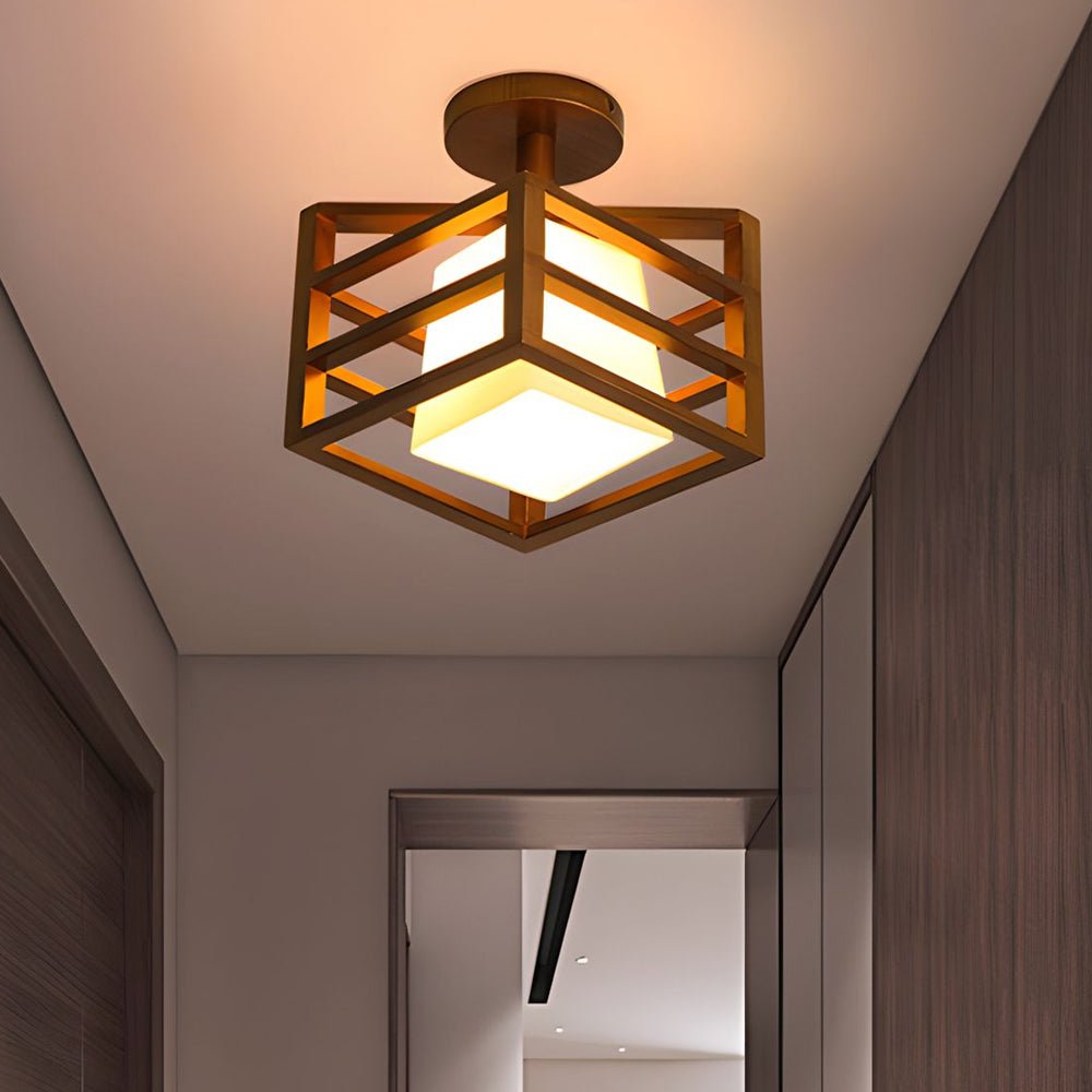 Square Walnut Wooden Frame 1 - Light Semi - Flush Mount Ceiling Light