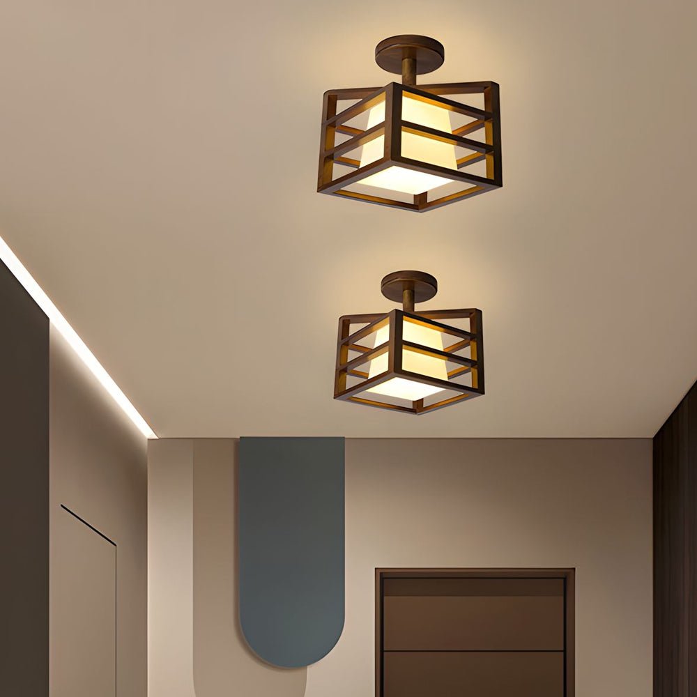 Square Walnut Wooden Frame 1 - Light Semi - Flush Mount Ceiling Light