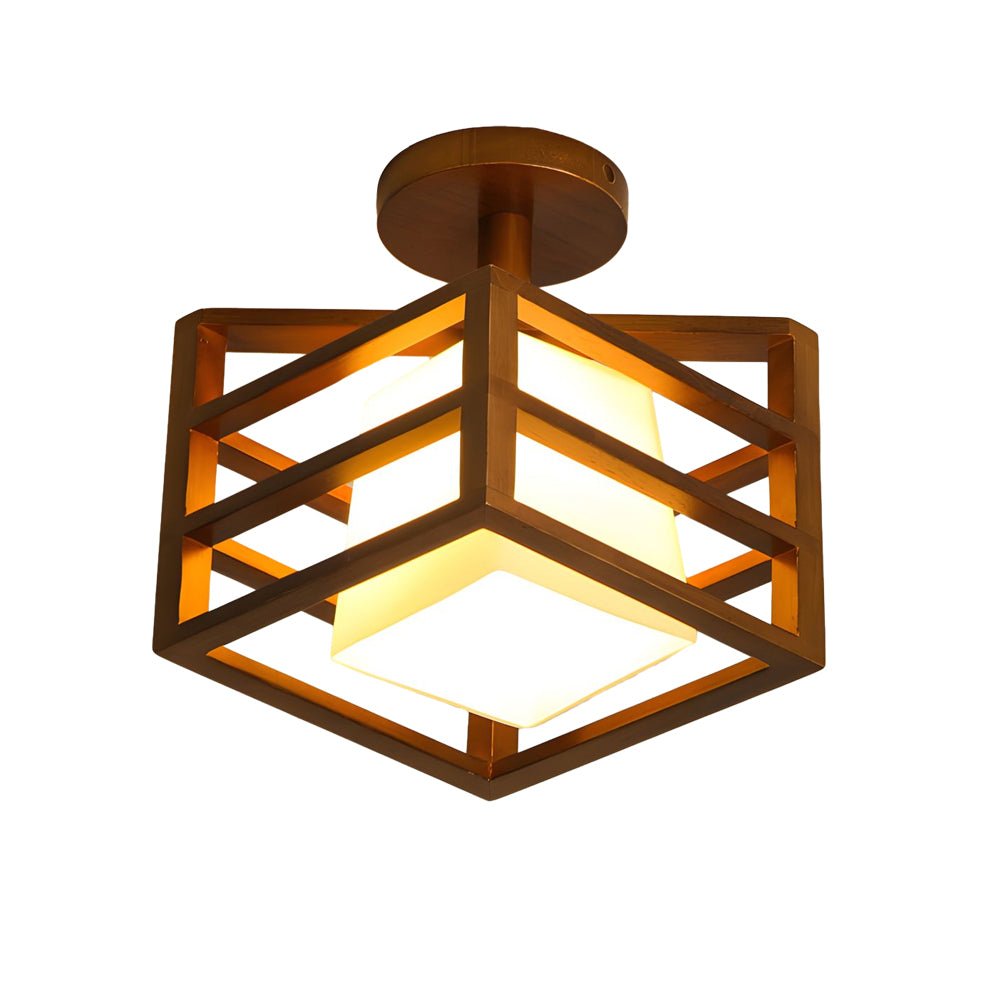 Square Walnut Wooden Frame 1 - Light Semi - Flush Mount Ceiling Light