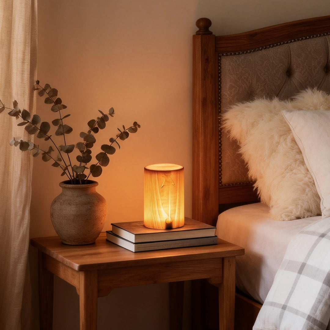 Square wood lamp illuminating a cozy bedside table with warm, natural glow.