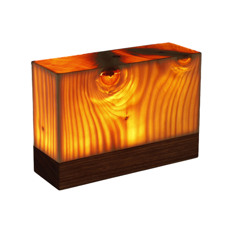 Square wood lamp in cube shape, front view of the handcrafted design.