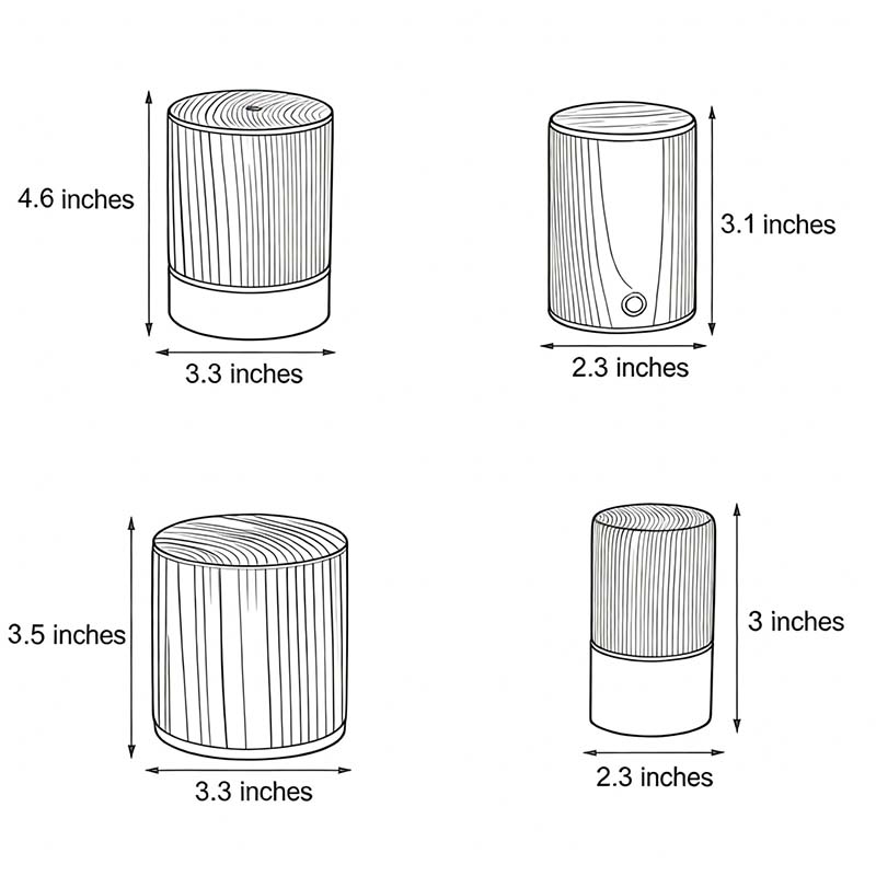 Square wood lamp dimensions, front view with size specifications for cube shape.