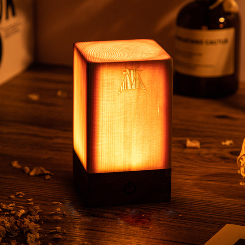 Square wood lamp in rectangular shape, front view of the rustic design.