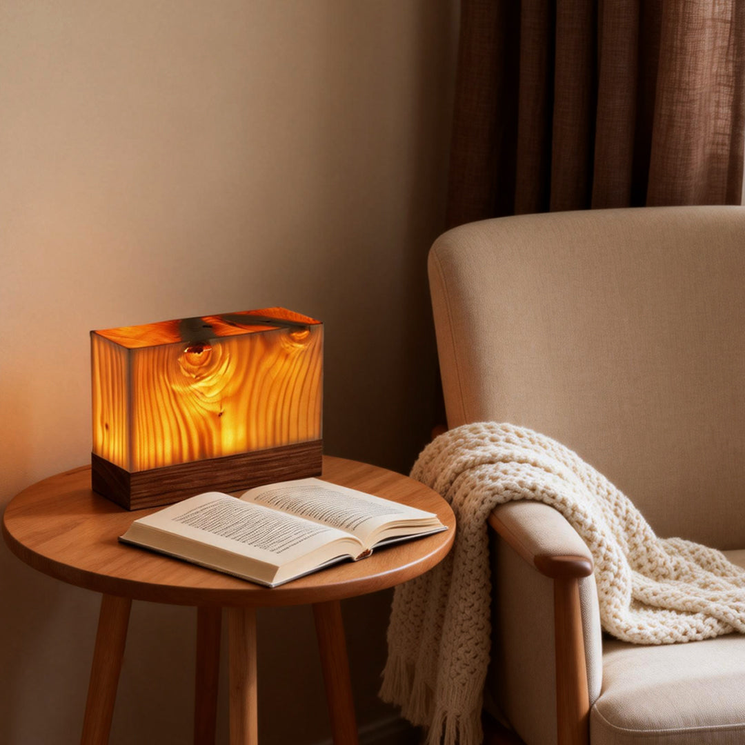 Square wood lamp providing soft light beside a comfortable armchair.