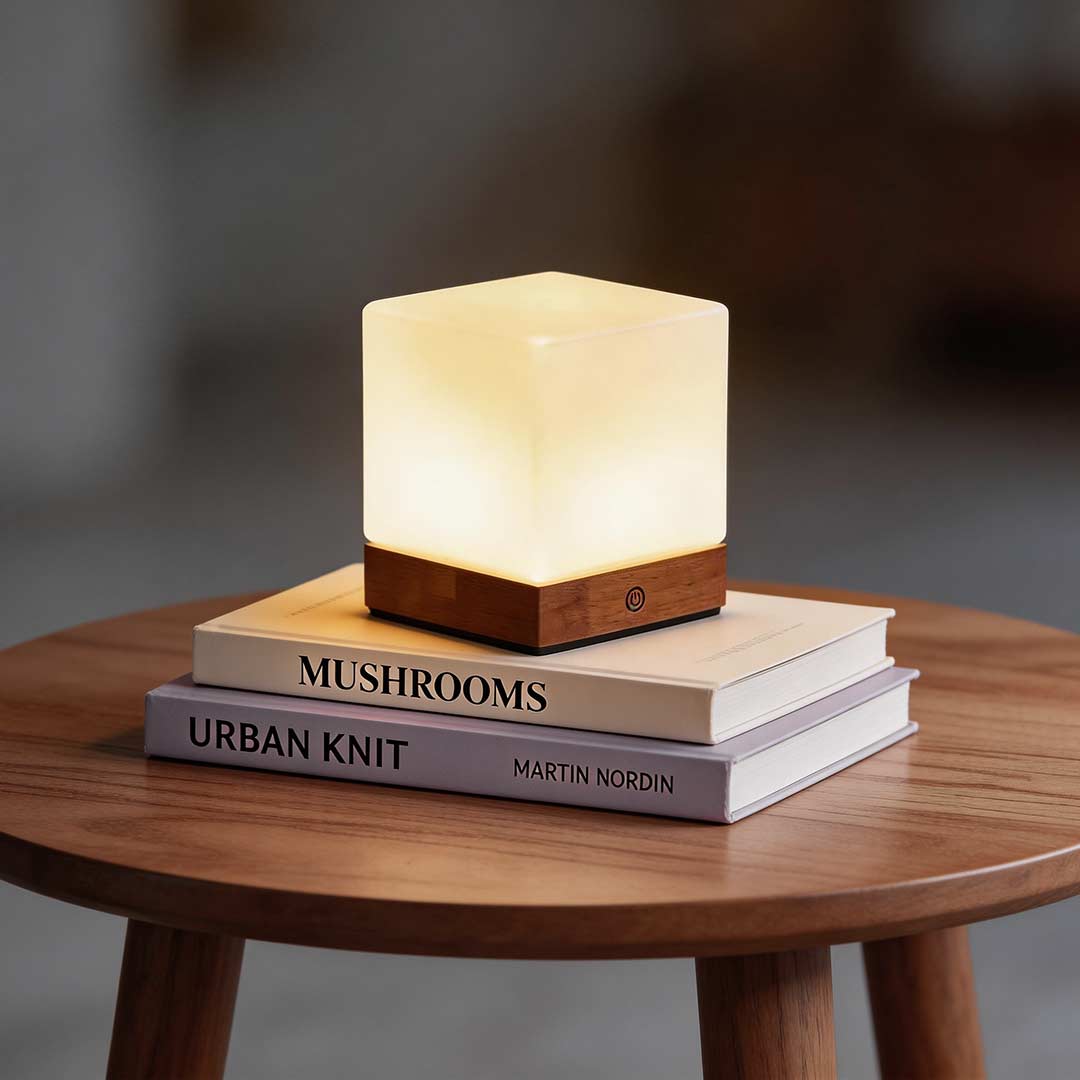 Square wood lamp with a touch control, illuminating a stack of books on a wooden table.