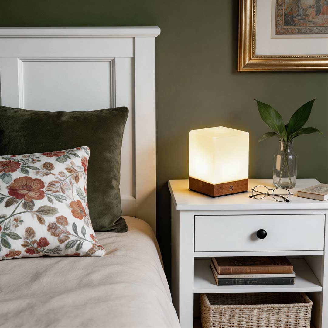 Square wood lamp with a warm glow, placed on a wooden nightstand in a cozy bedroom.
