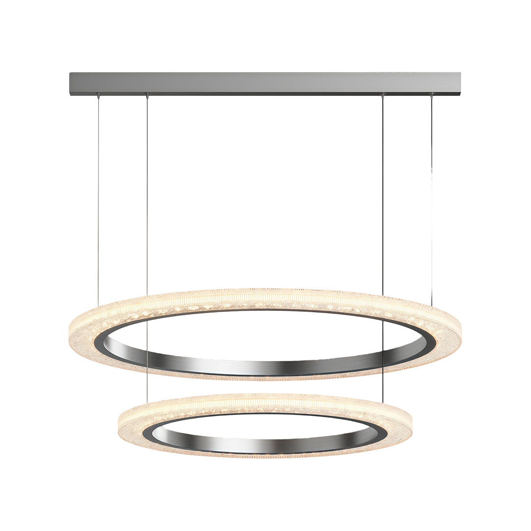 Modern luxury chandeliers featuring stacked chrome rings with graduated crystal bands