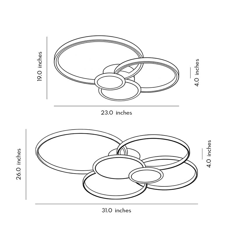 Technical dimension drawing illustrating installation size of a stacked ring ceiling light.
