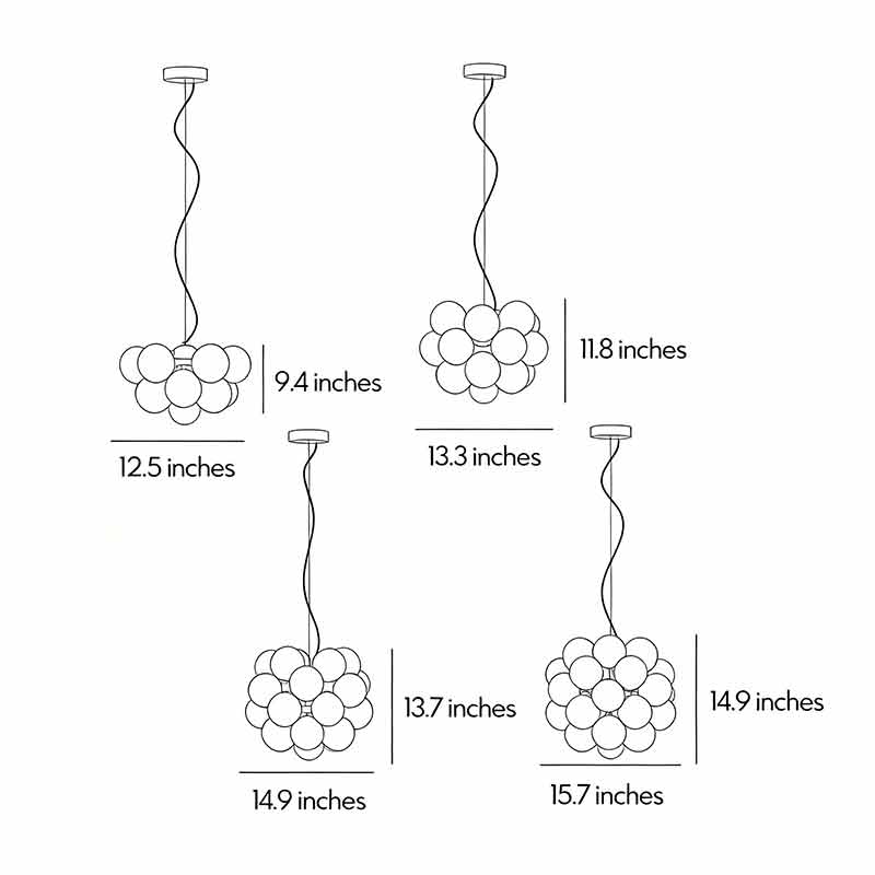 Technical dimension drawing of stained glass chandelier showing sizes and adjustable hanging length.