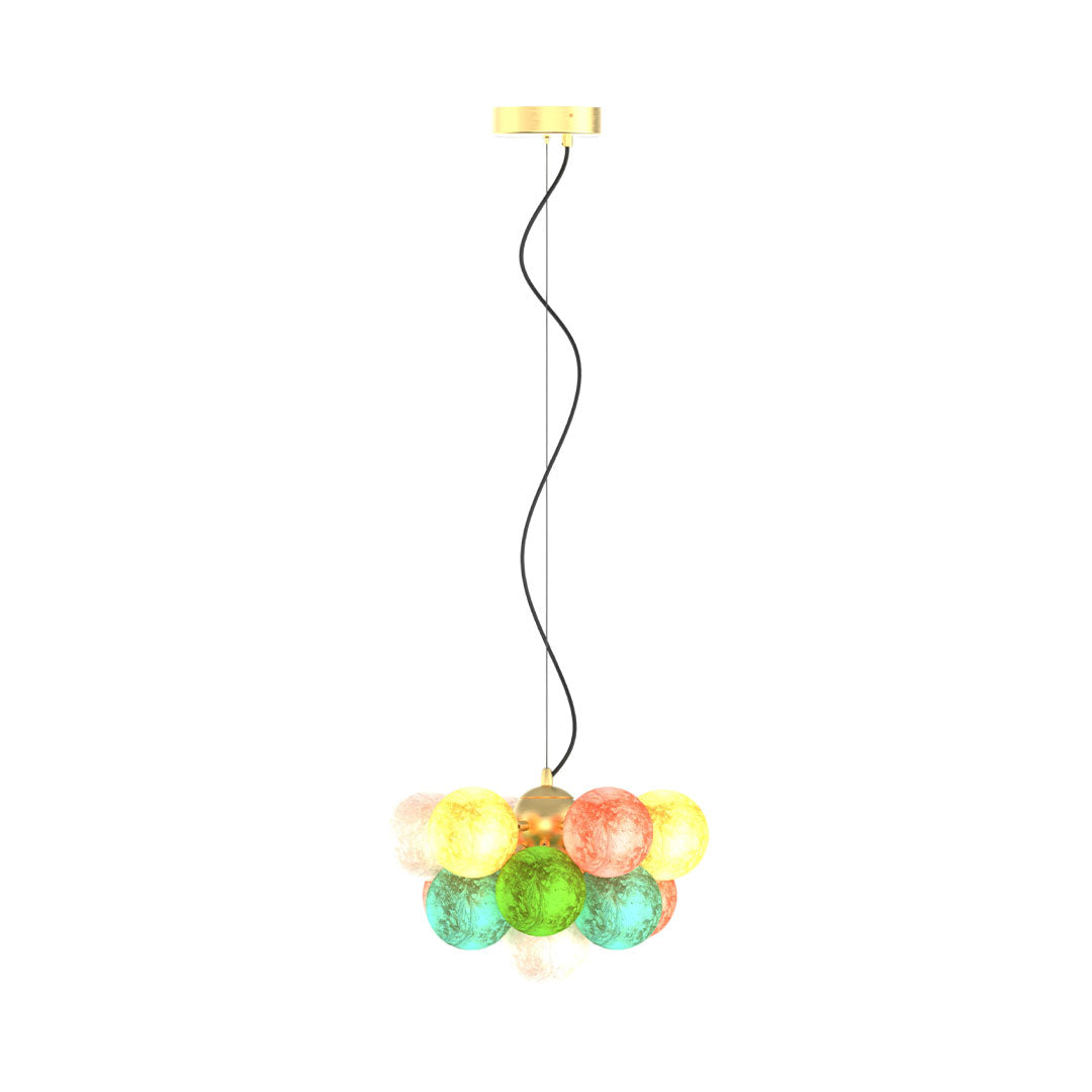 Product view of stained glass chandelier with clustered multicolor glass globes and adjustable cord.