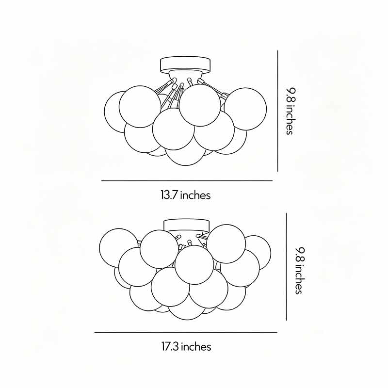 Dimension drawing of stained glass flush mount light fixture showing size and structure details.