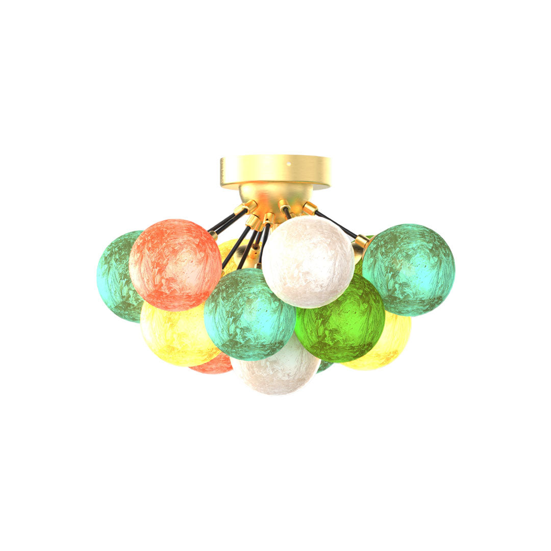 Product view of stained glass flush mount ceiling light fixture with clustered colorful globes.