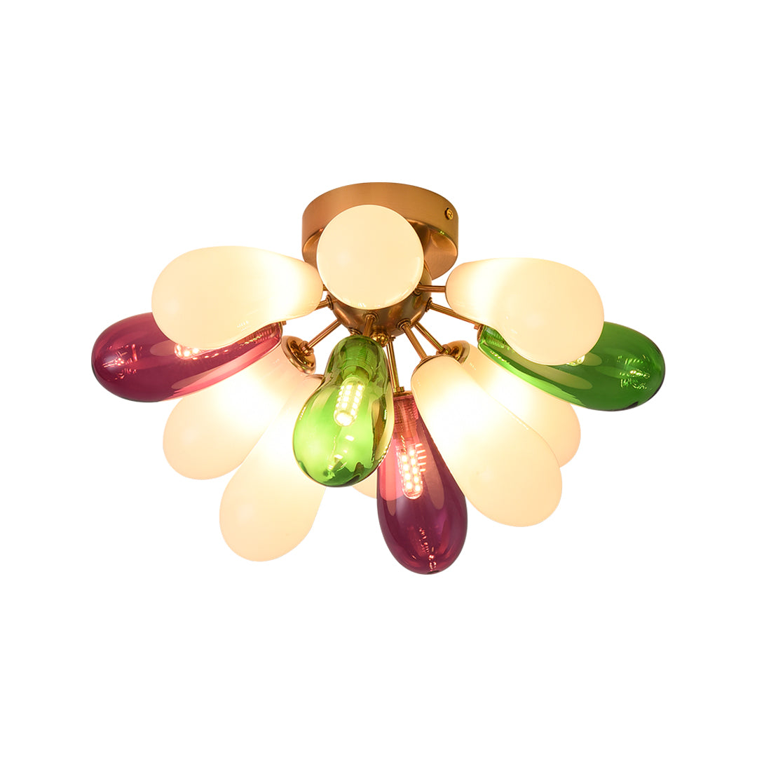 Product image of stained glass flush mount light fixture with multiple colored glass shades on a white background.