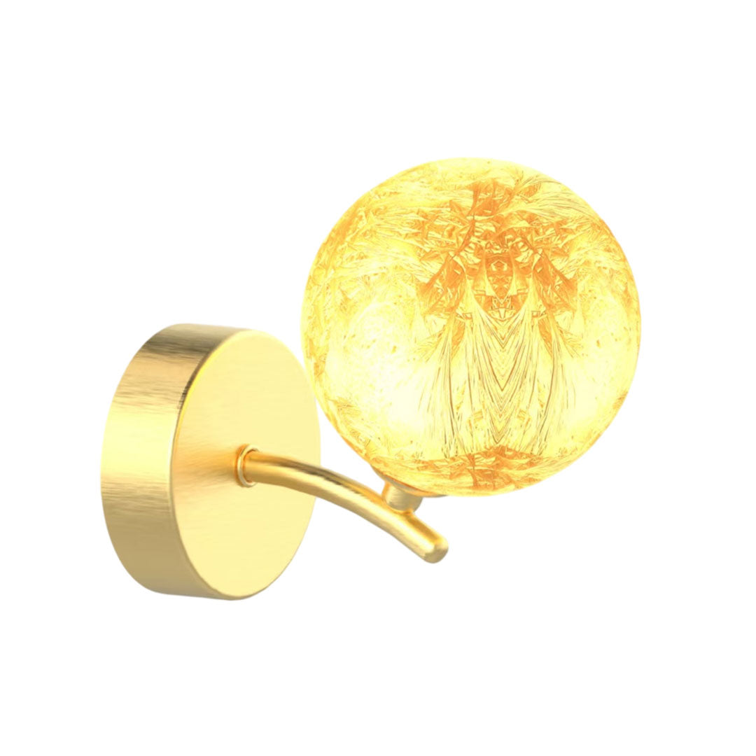 Yellow stained glass globe wall light emitting warm ambient lighting.