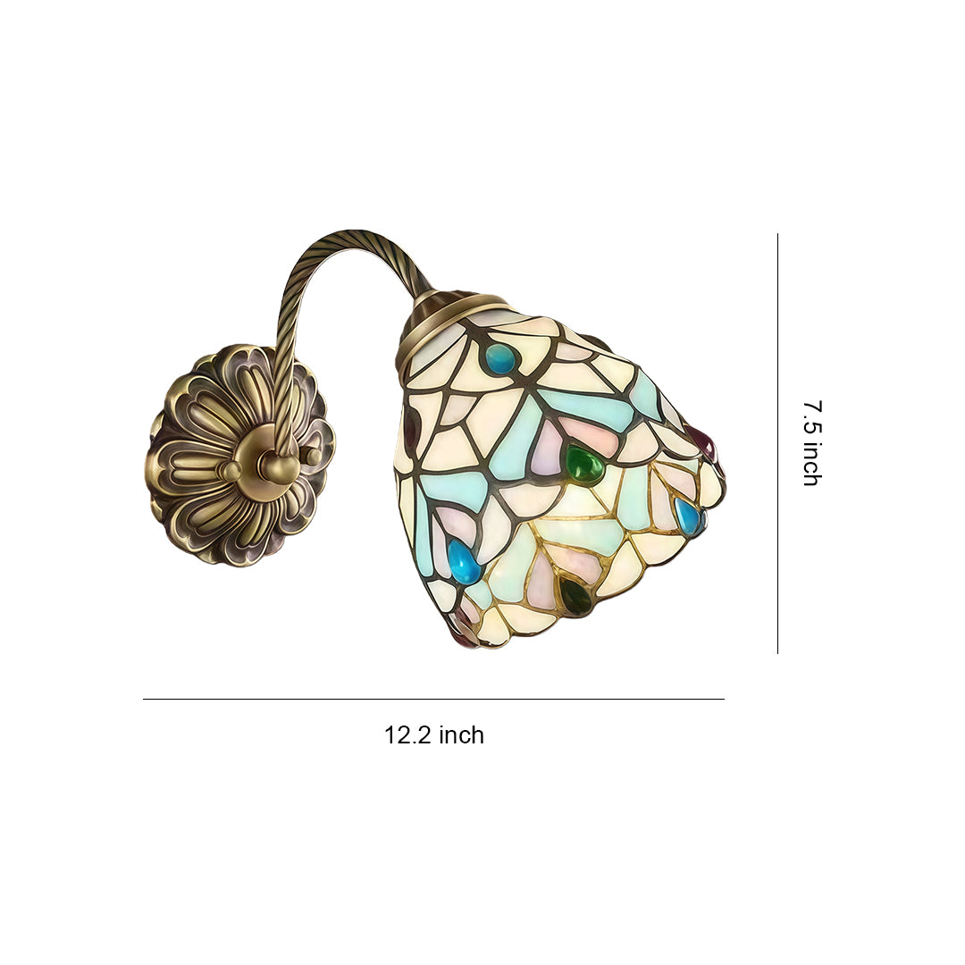 Stained glass wall sconce lighting with glass shade chandelier inspired design in Tiffany style with decorative brass hardware.