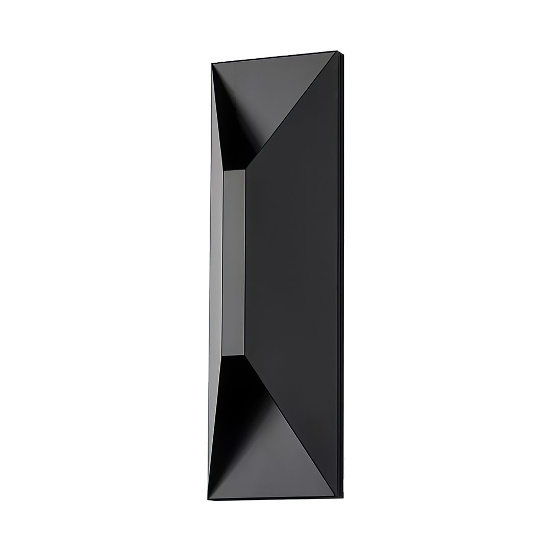 Minimalist stainless steel up and down wall light in a slim vertical form showcased against a plain white backdrop.
