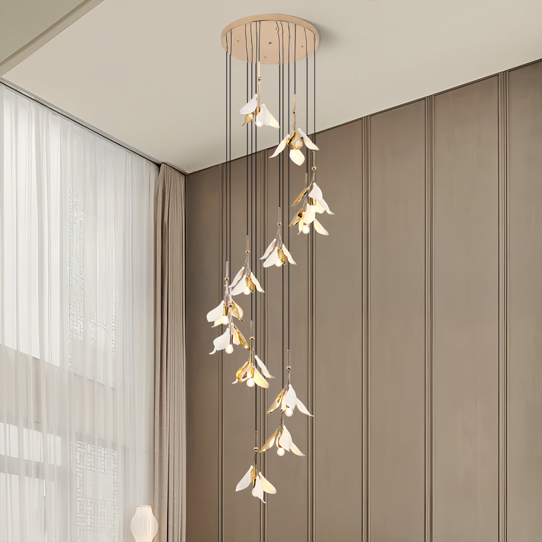 modern floral cascading chandelier for staircase use, staircase chandelier ideas