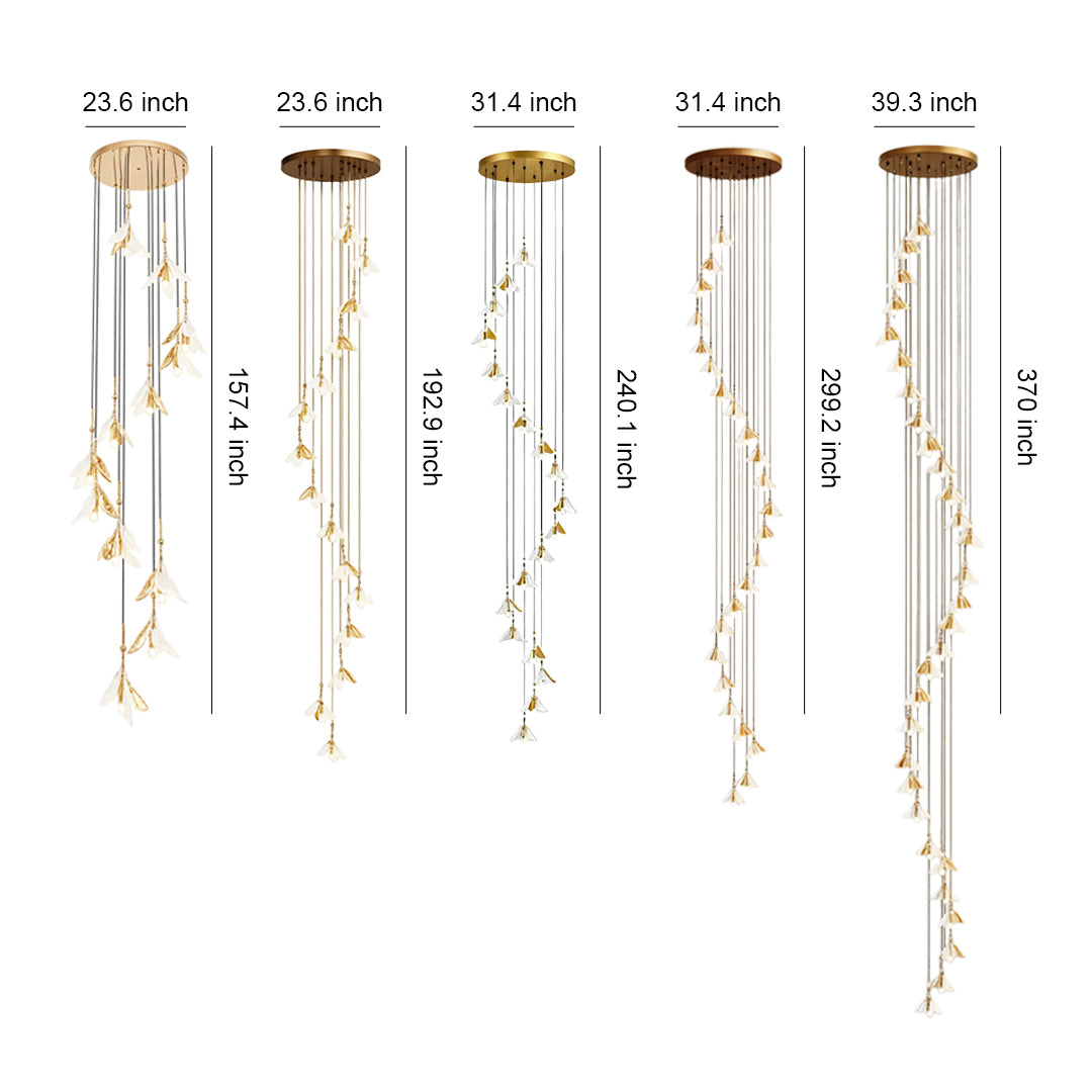 Collection of staircase chandelier ideas displaying five different vertical drop configurations with botanical glass pendants